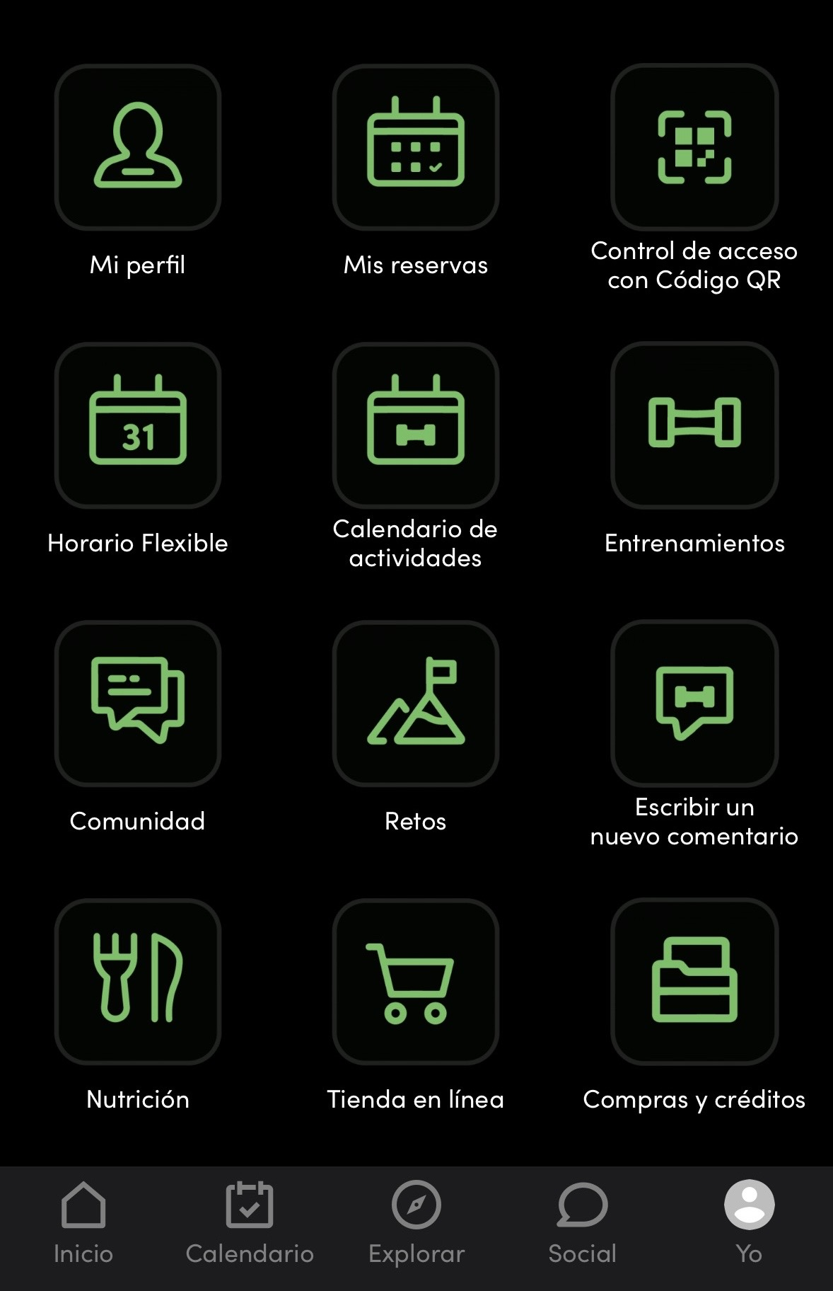 Captura del menú de l’app d’XPAI FITNESS